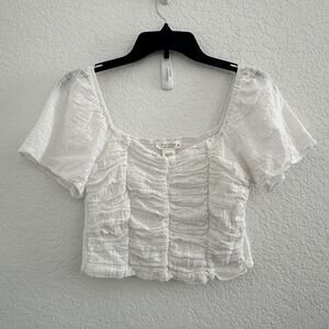 Kirious LA Ruched Front Crop Top M White Square Neck S/S Cotton Boho Peasant Y2K